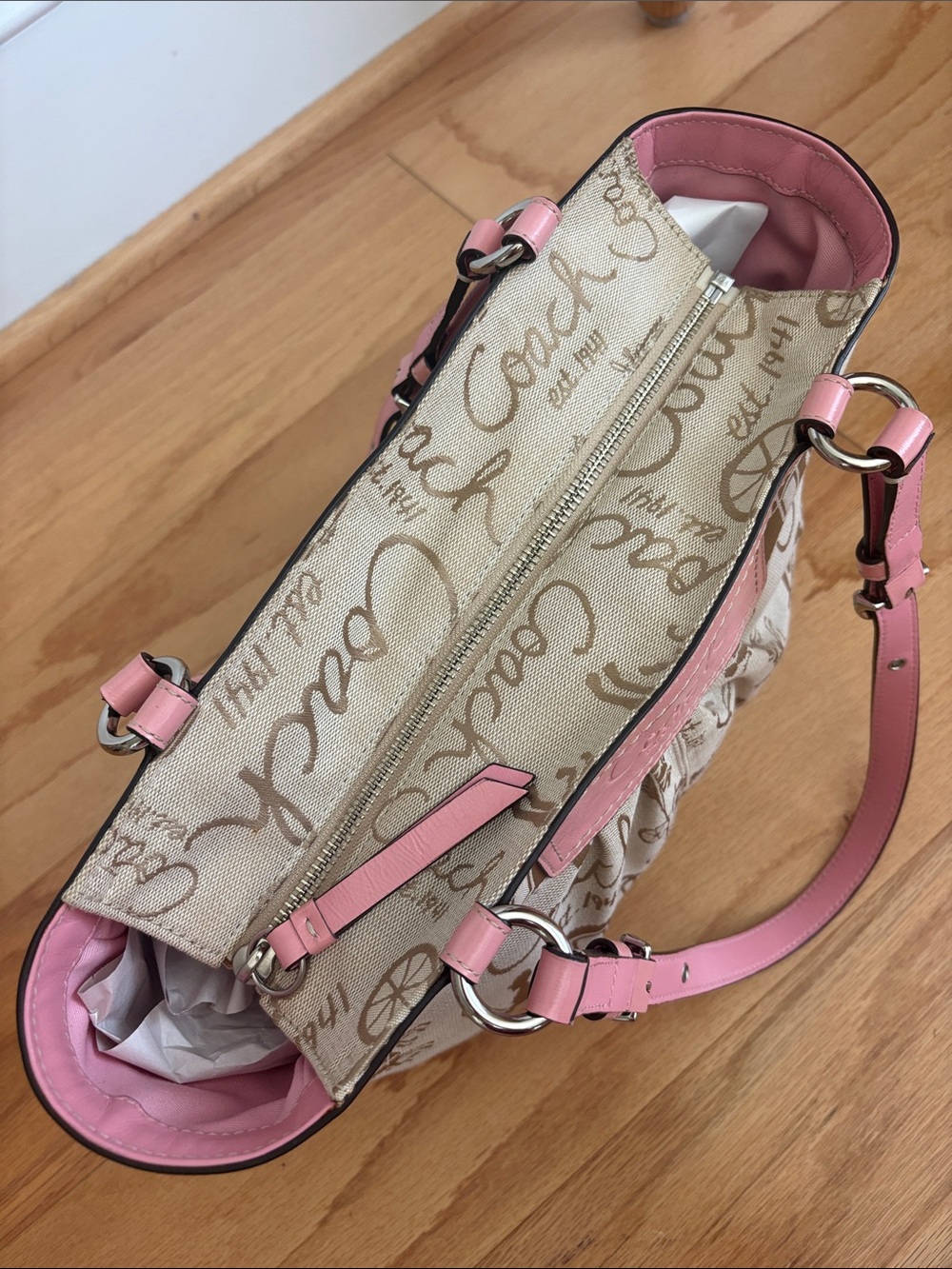 Coach Horse & Carriage Pleated Gallery Tote Pink Leather Khaki Y2K Shoulder Bag - Picture 8 of 17